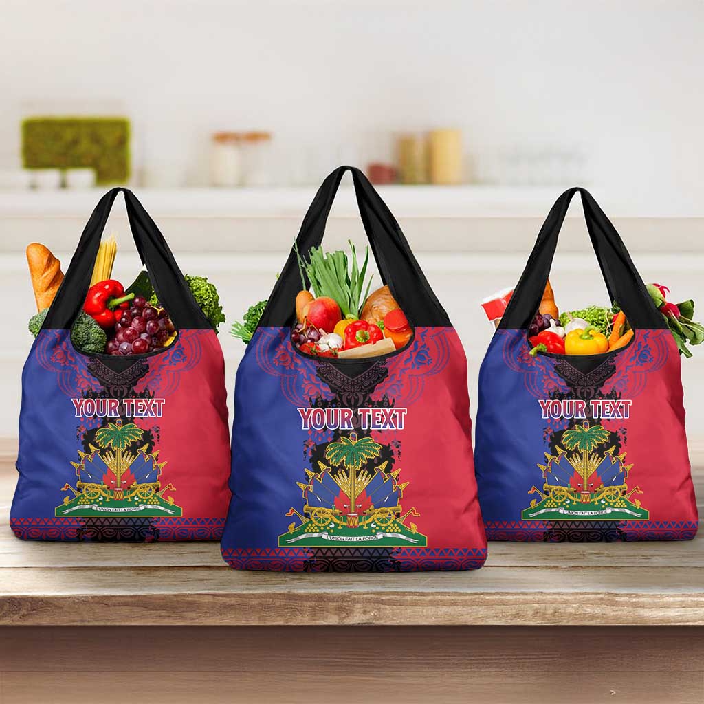 Personalised Haitian Heritage Month Grocery Bag Coat Of Arms With Dashiki Pattern