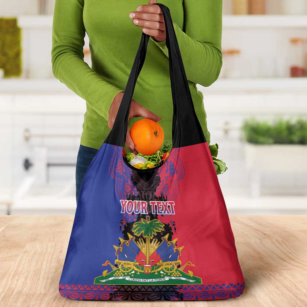 Personalised Haitian Heritage Month Grocery Bag Coat Of Arms With Dashiki Pattern