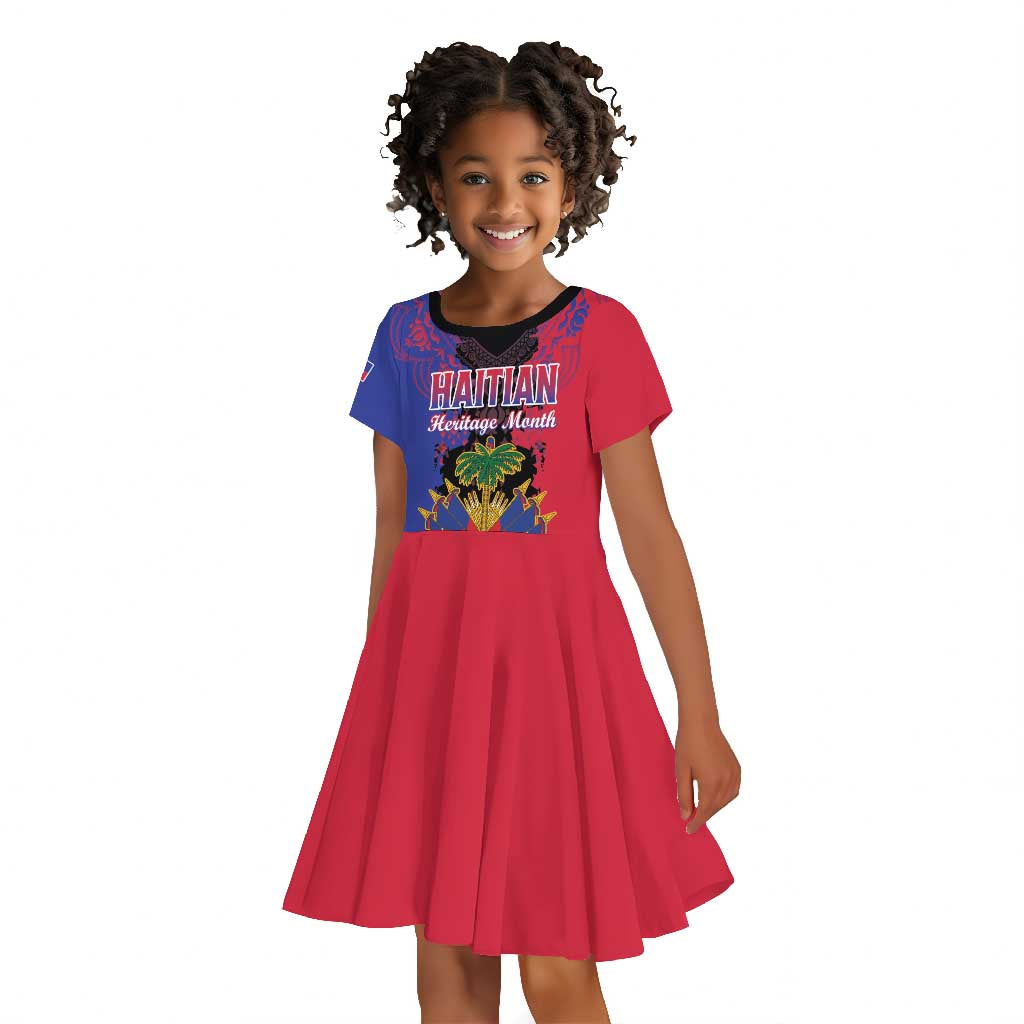 Personalised Haitian Heritage Month Kid Short Sleeve Dress Coat Of Arms With Dashiki Pattern