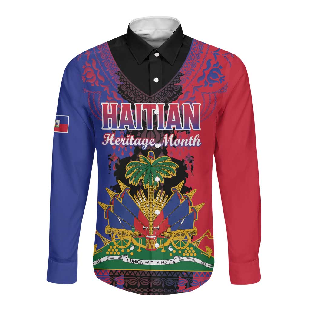 Personalised Haitian Heritage Month Long Sleeve Button Shirt Coat Of Arms With Dashiki Pattern