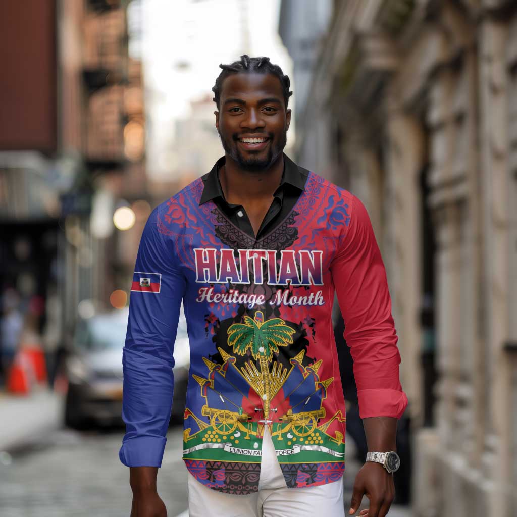 Personalised Haitian Heritage Month Long Sleeve Button Shirt Coat Of Arms With Dashiki Pattern