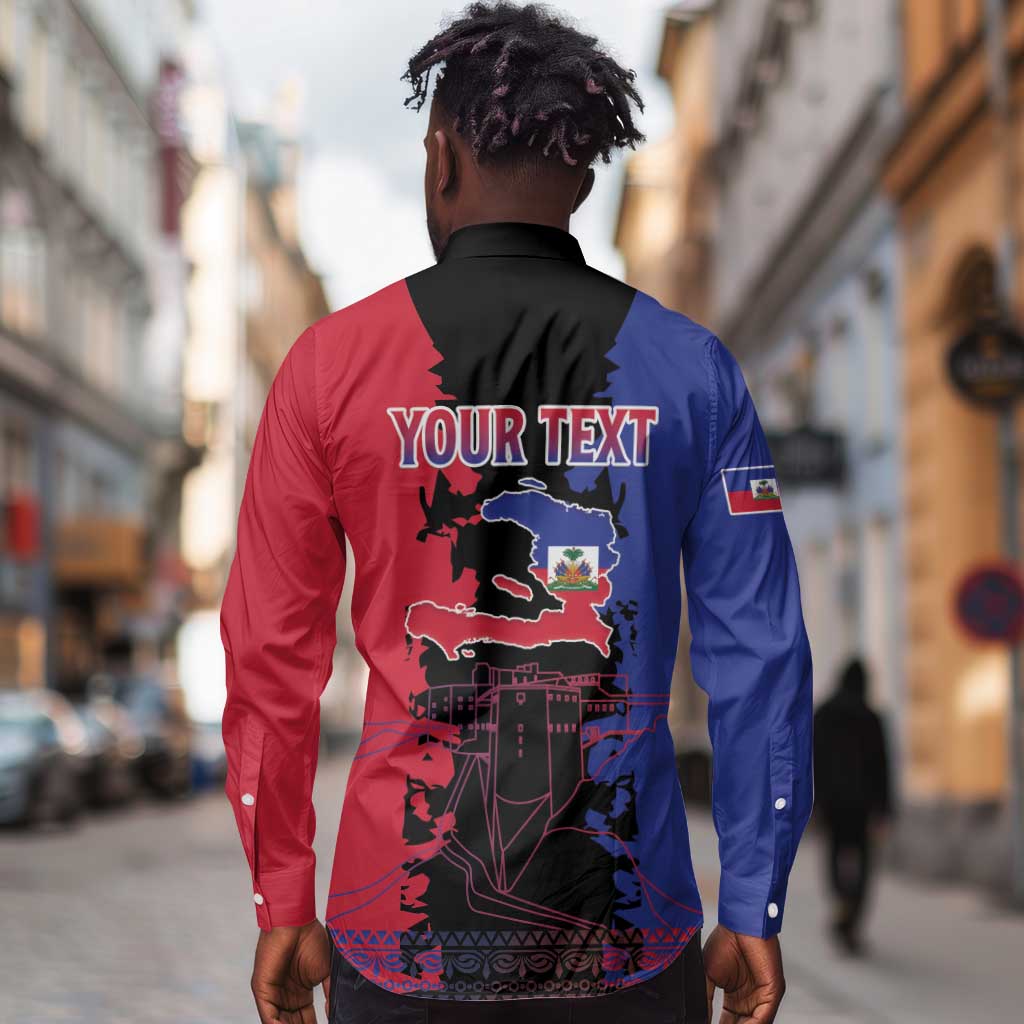 Personalised Haitian Heritage Month Long Sleeve Button Shirt Coat Of Arms With Dashiki Pattern