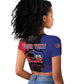 Personalised Haitian Heritage Month Raglan Cropped T shirt Coat Of Arms With Dashiki Pattern
