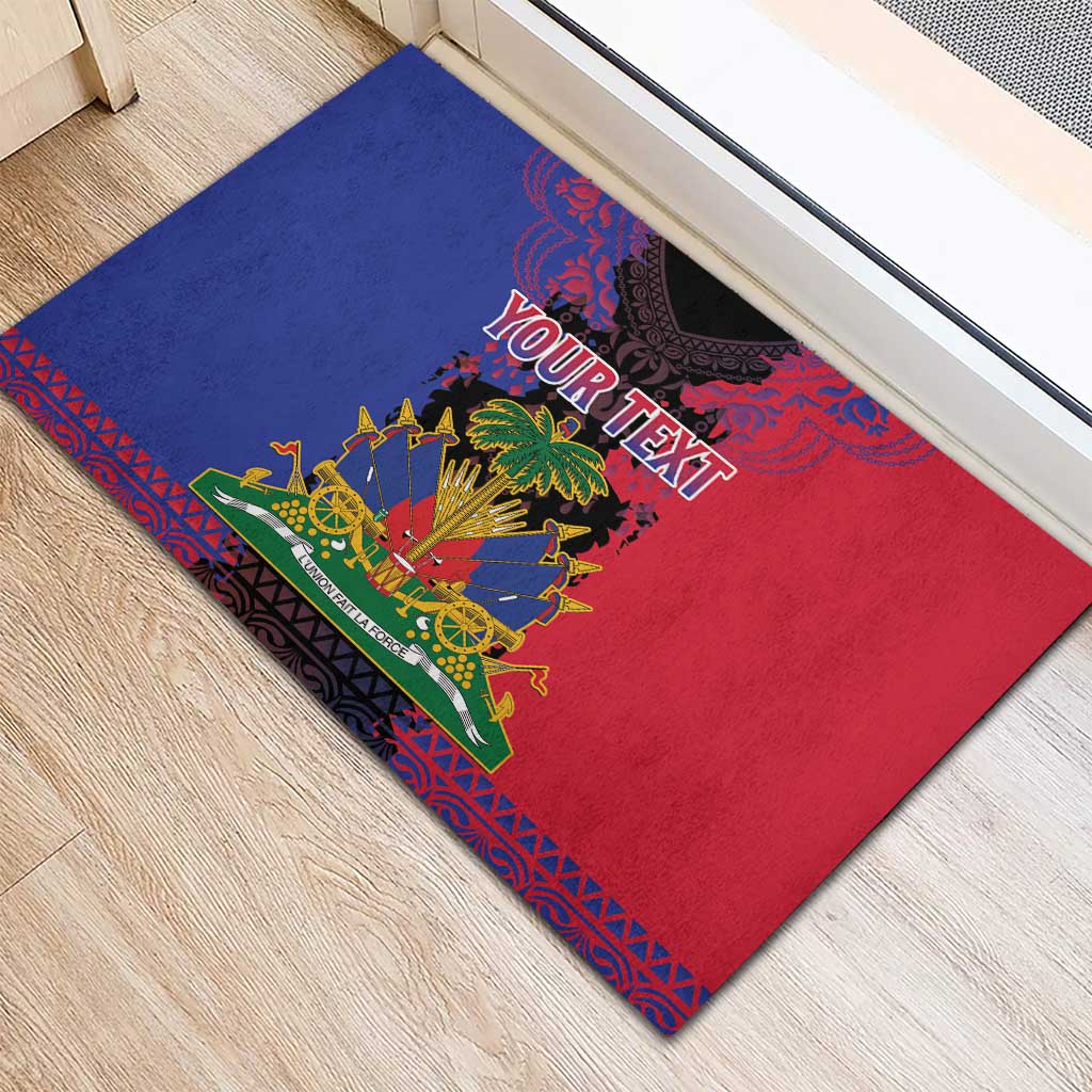 Personalised Haitian Heritage Month Rubber Doormat Coat Of Arms With Dashiki Pattern