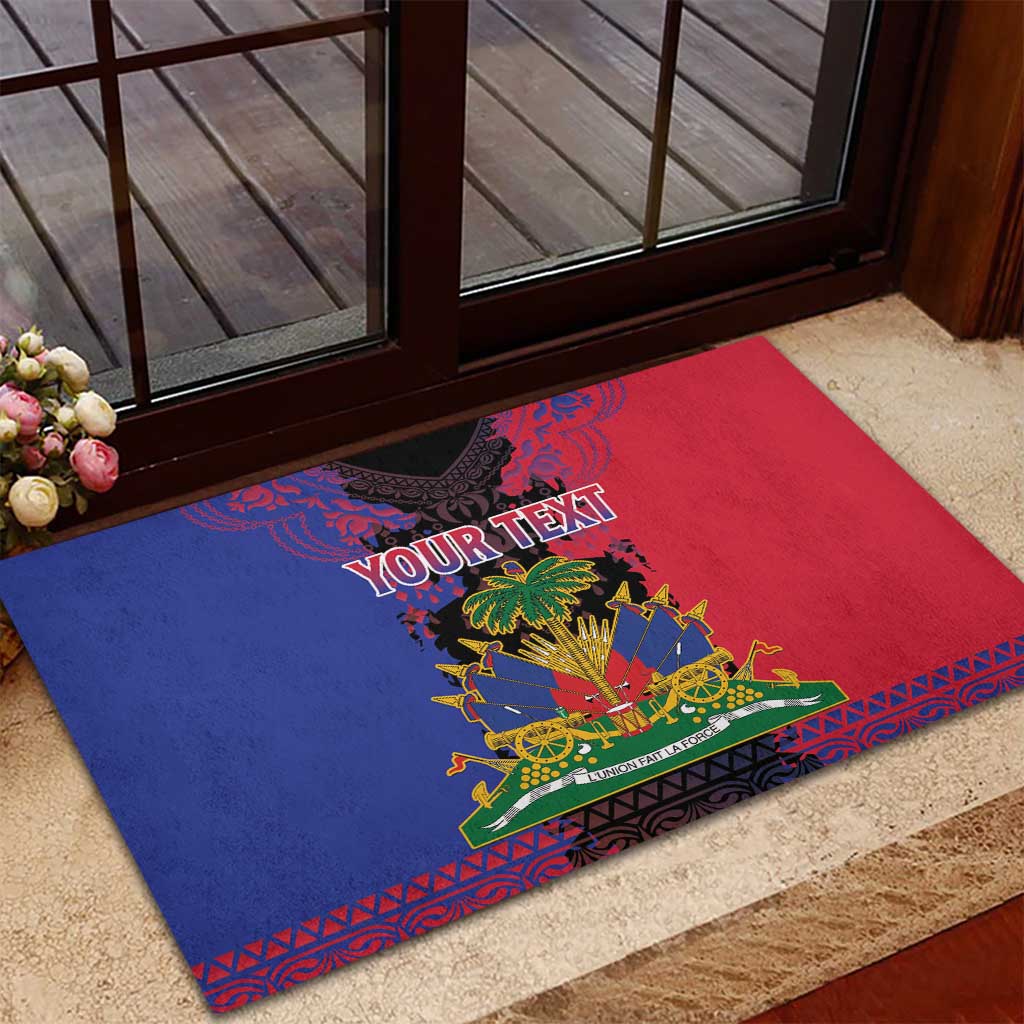 Personalised Haitian Heritage Month Rubber Doormat Coat Of Arms With Dashiki Pattern