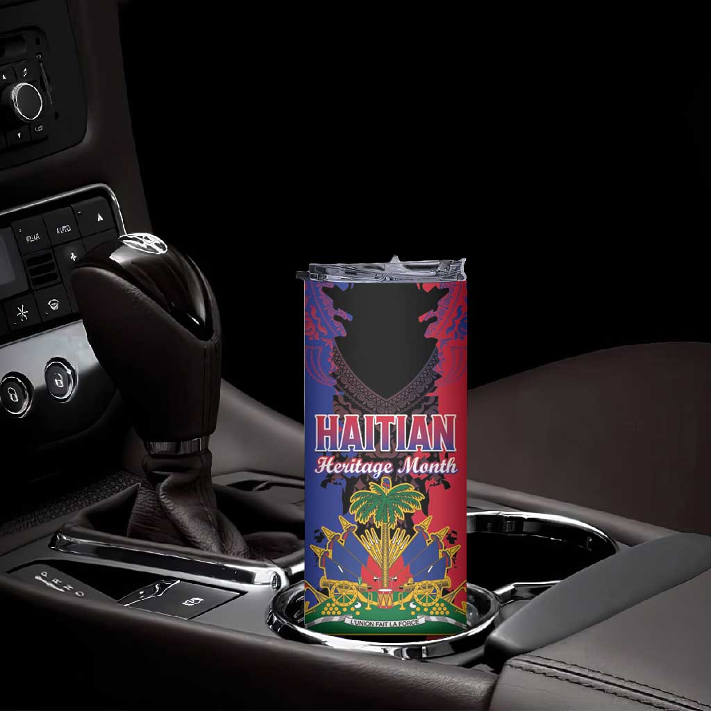 Personalised Haitian Heritage Month Skinny Tumbler Coat Of Arms With Dashiki Pattern