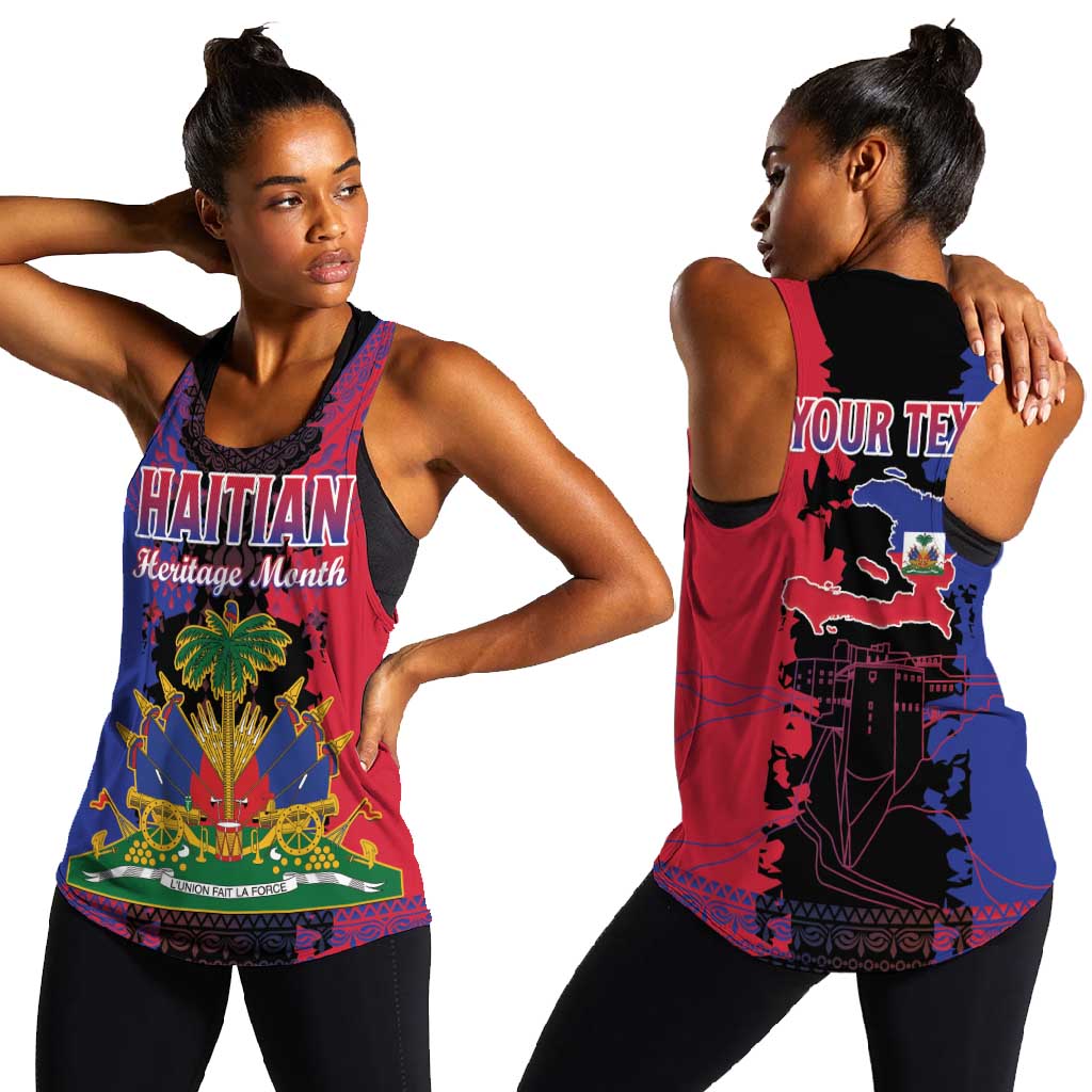 Personalised Haitian Heritage Month Women Racerback Tank Coat Of Arms With Dashiki Pattern