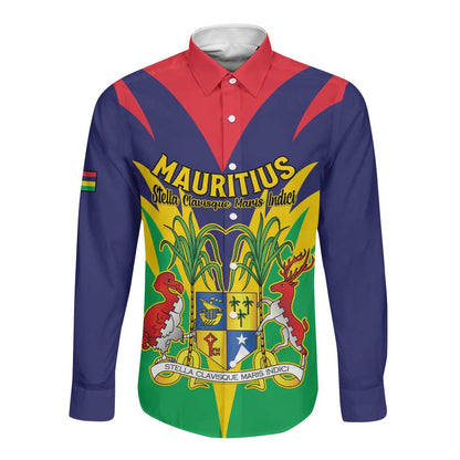 Personalised Republique de Maurice Long Sleeve Button Shirt Coat Of Arms Flag Style