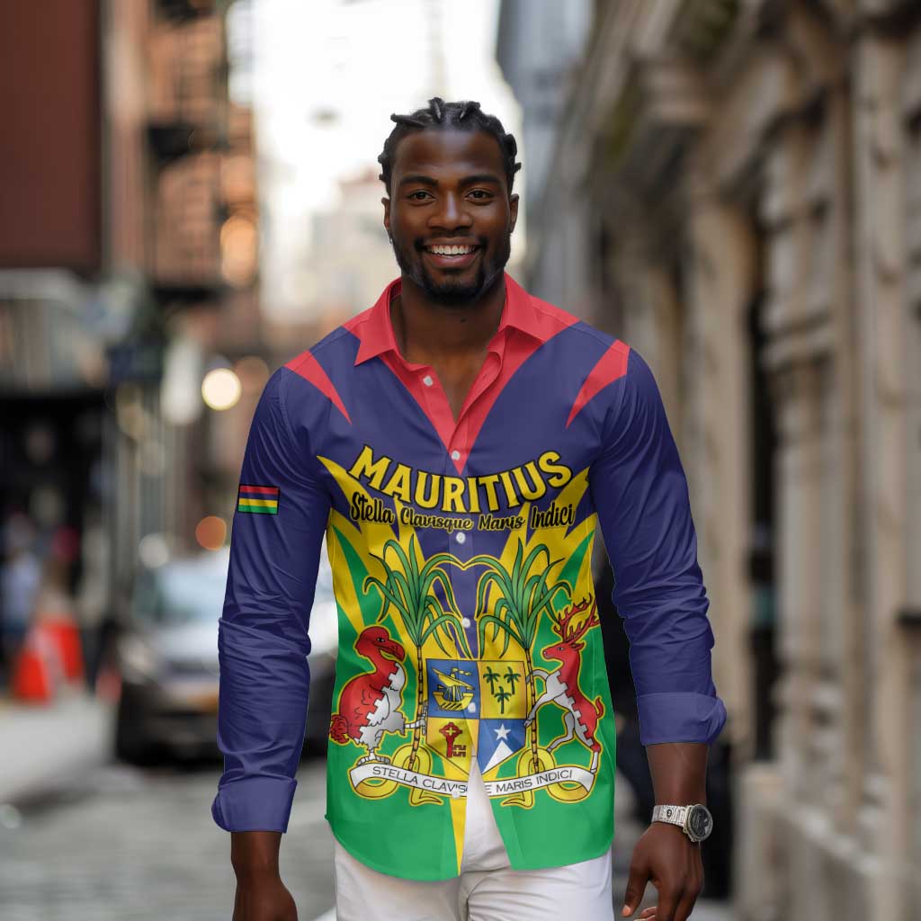 Personalised Republique de Maurice Long Sleeve Button Shirt Coat Of Arms Flag Style