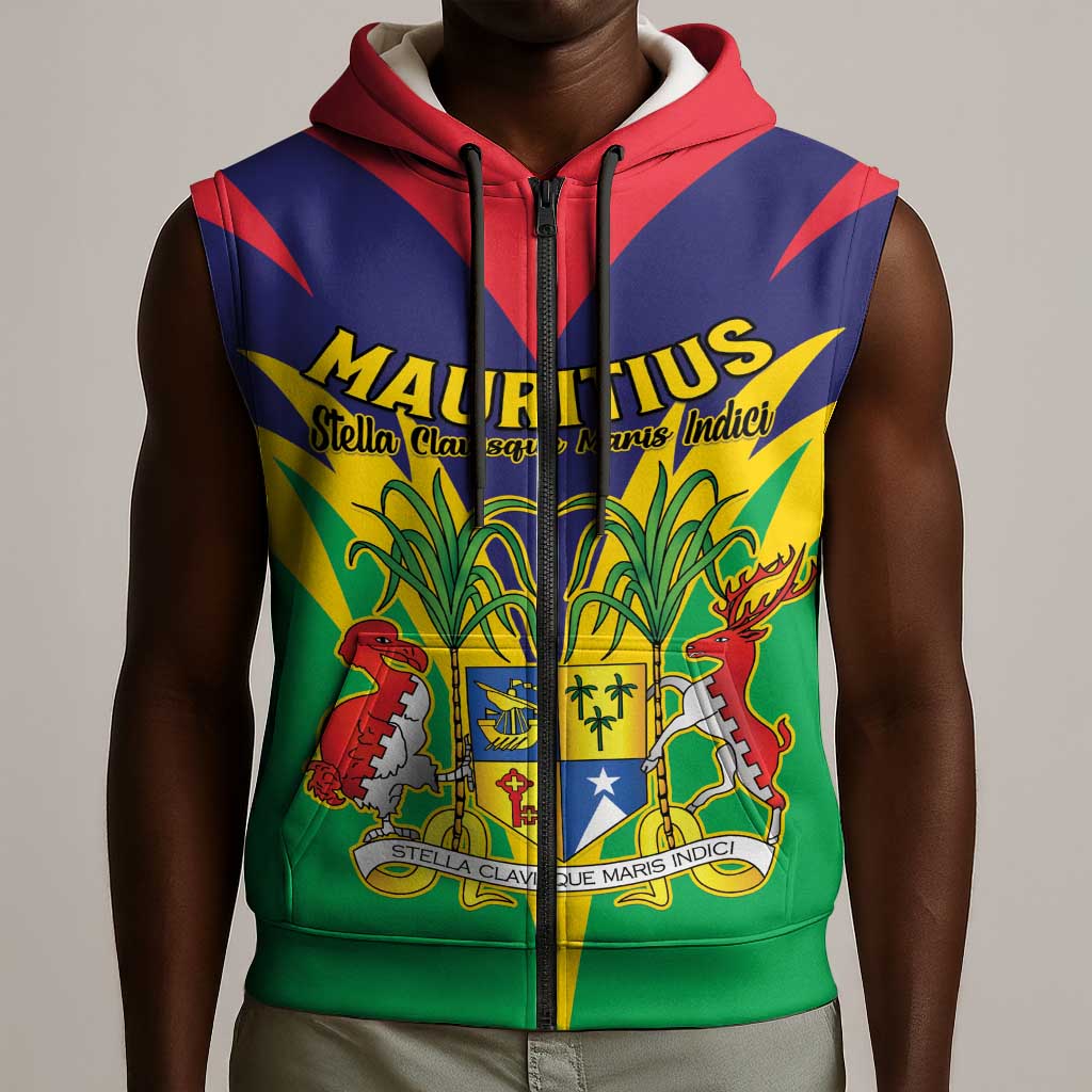 Personalised Republique de Maurice Sleeveless Zip Hoodie Coat Of Arms Flag Style - African Pride