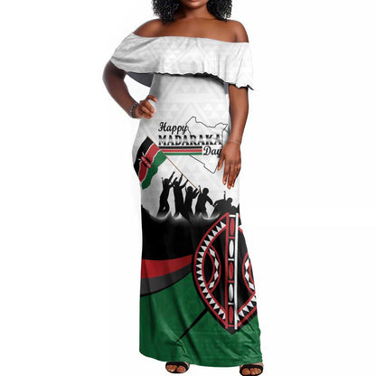 Personalised Kenya Off Shoulder Maxi Dress Madaraka Day - Maasai Shield