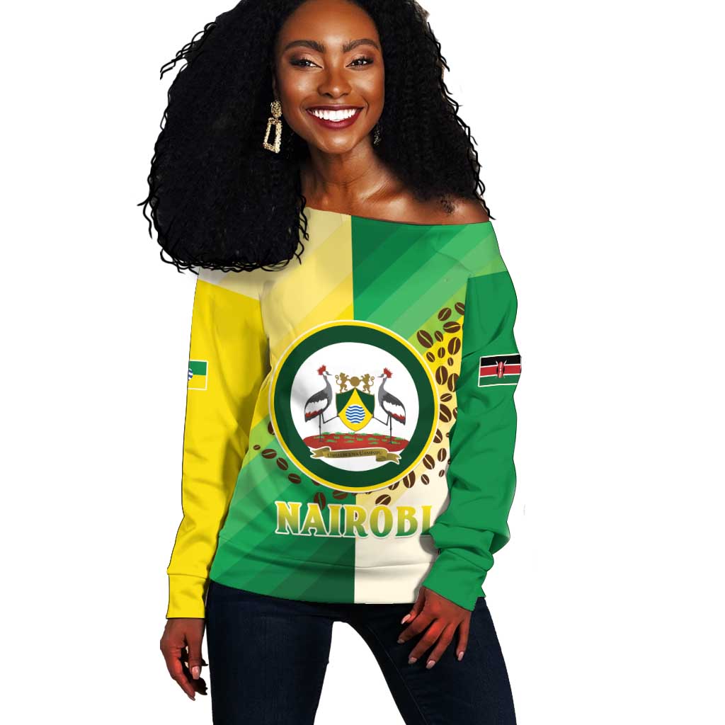 Personalised Nairobi Kenya Off Shoulder Sweater Coat Of Arms With Coffee