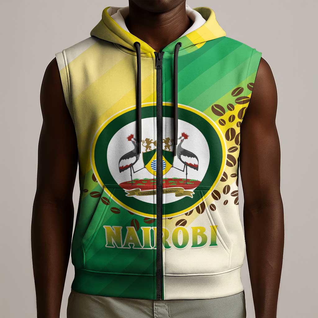 Personalised Nairobi Kenya Sleeveless Zip Hoodie Coat Of Arms With Coffee - African Pride