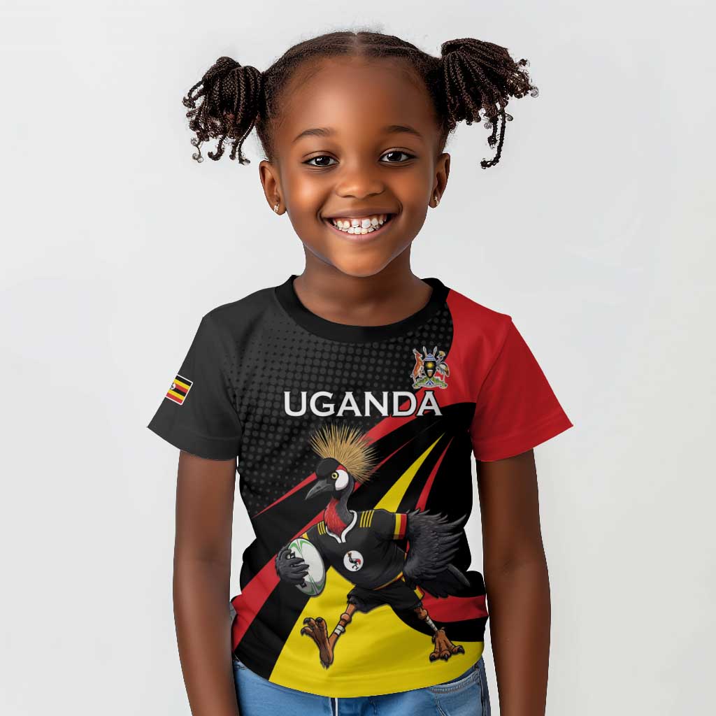 Jamhuri ya Uganda Rugby Custom Kid T shirt With Black Crowned Crane Mascot