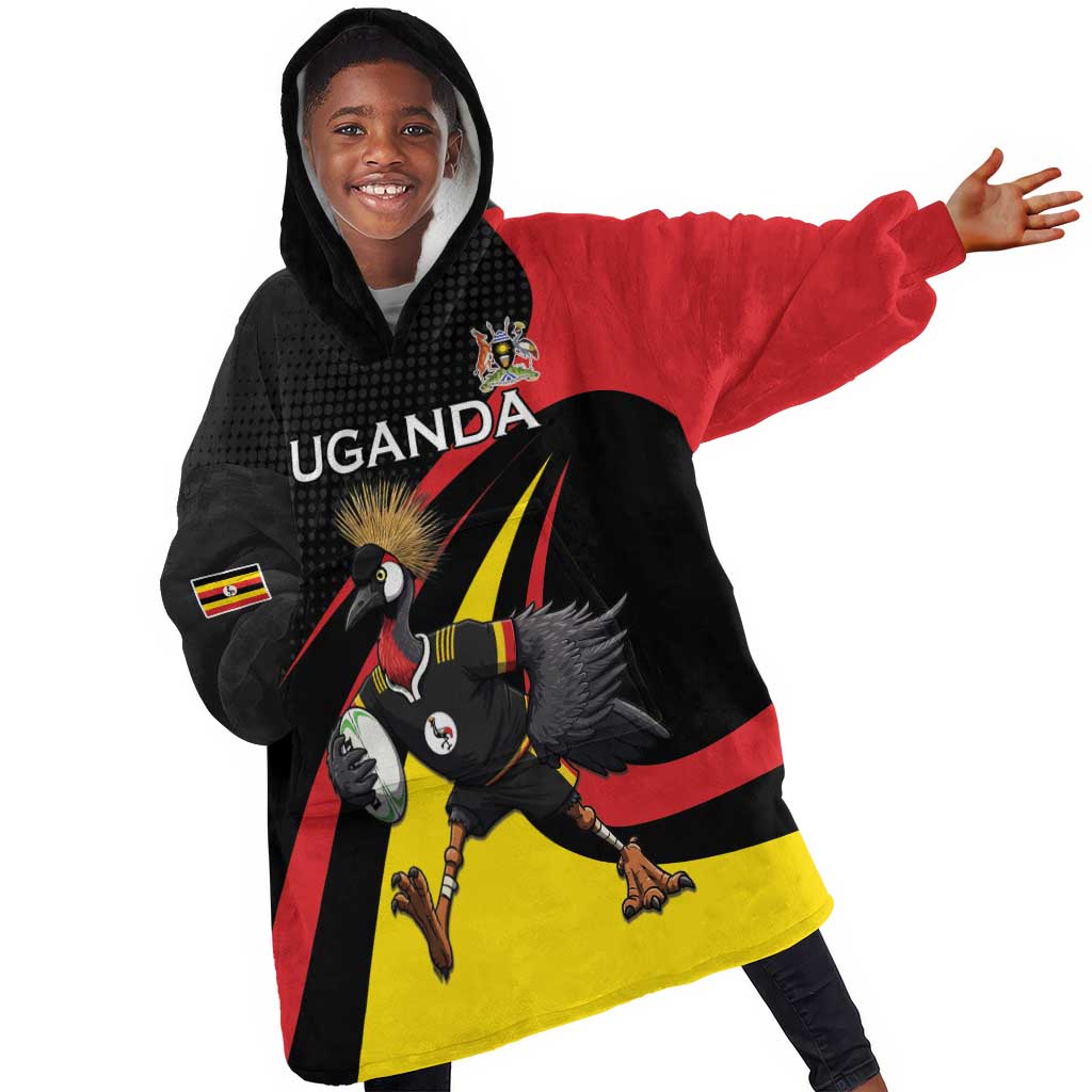 Jamhuri ya Uganda Rugby Custom Kid Wearable Blanket Hoodie With Black Crowned Crane Mascot