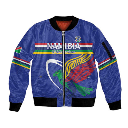 Namibia Rugby Custom Sleeve Zip Bomber Jacket African Fish Eagle - Flag Colors