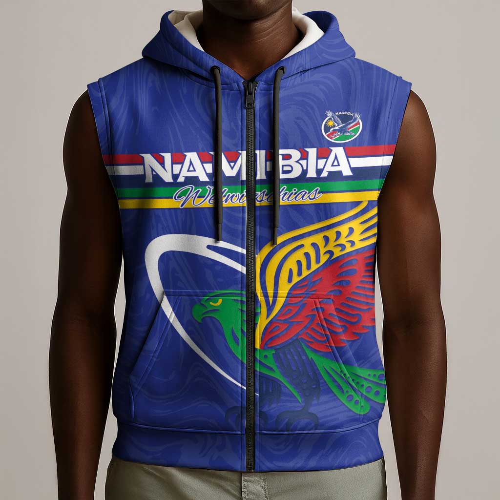 Namibia Rugby Custom Sleeveless Zip Hoodie African Fish Eagle - Flag Colors - African Pride