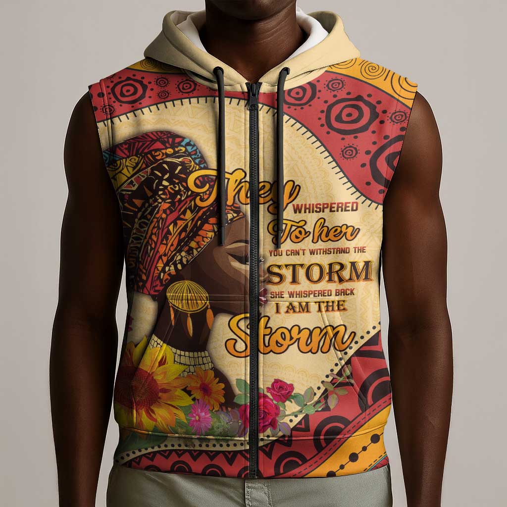 African Woman Sleeveless Zip Hoodie I Am The Storm - African Pride