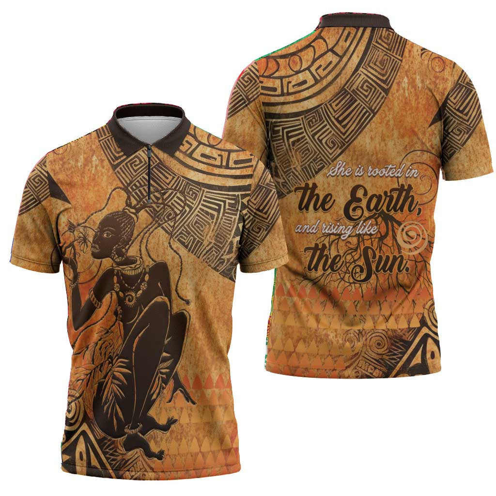 African Women Zipper Polo Shirt She Is Rooted In The Earth and Rising Like The Sun