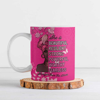 African Women Ceramic Mug Black Beautiful Brave and Bressed - Pink Color