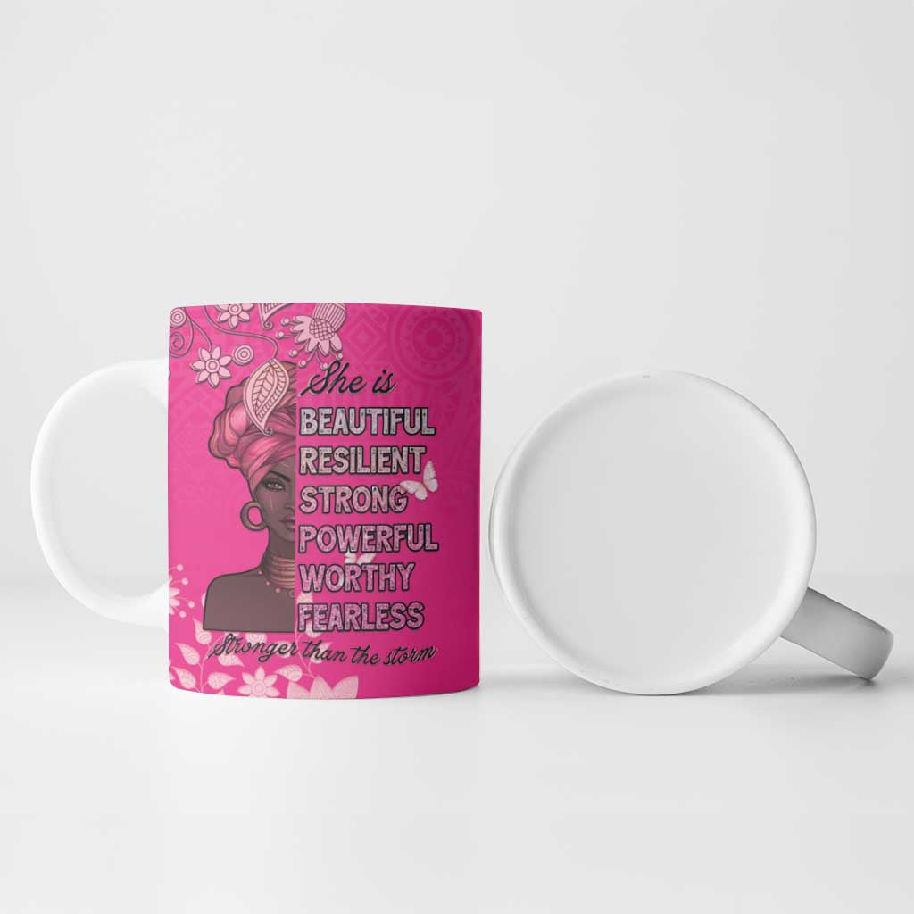 African Women Ceramic Mug Black Beautiful Brave and Bressed - Pink Color
