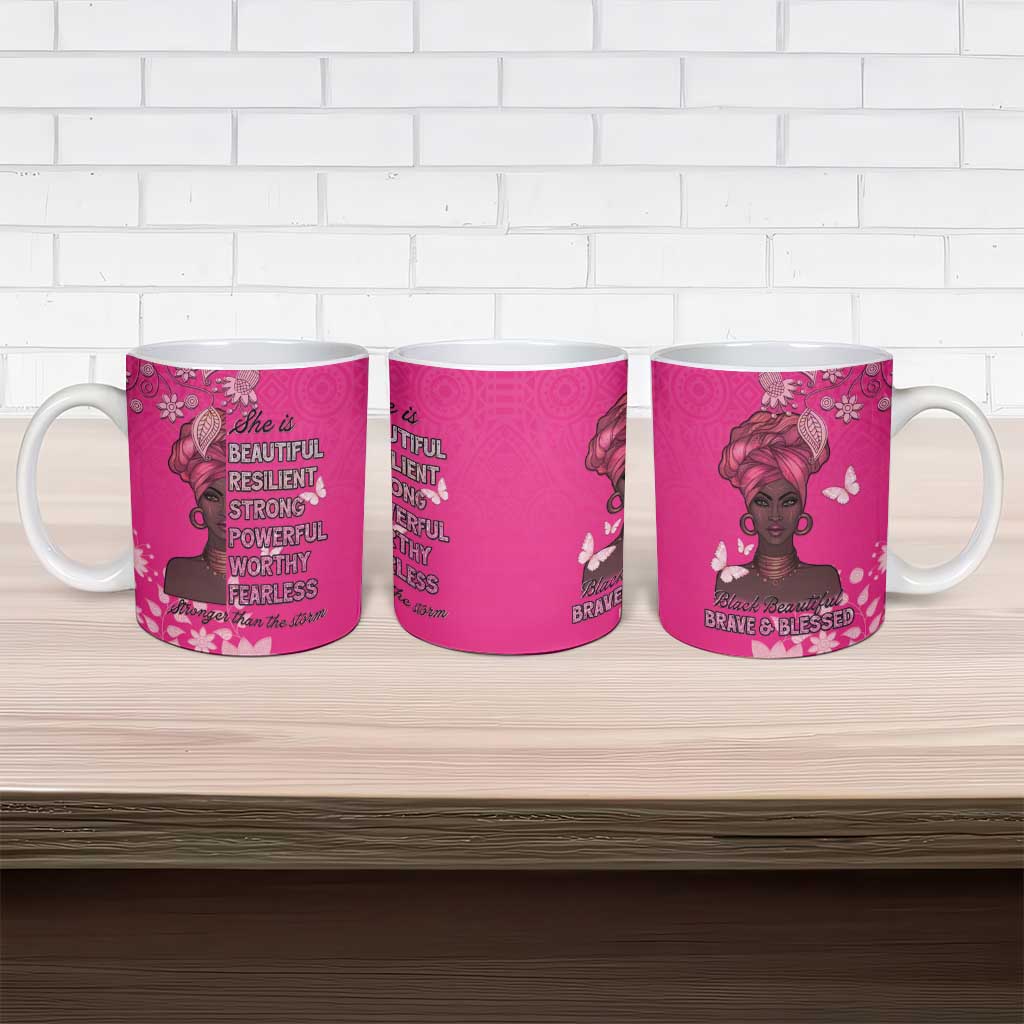African Women Ceramic Mug Black Beautiful Brave and Bressed - Pink Color