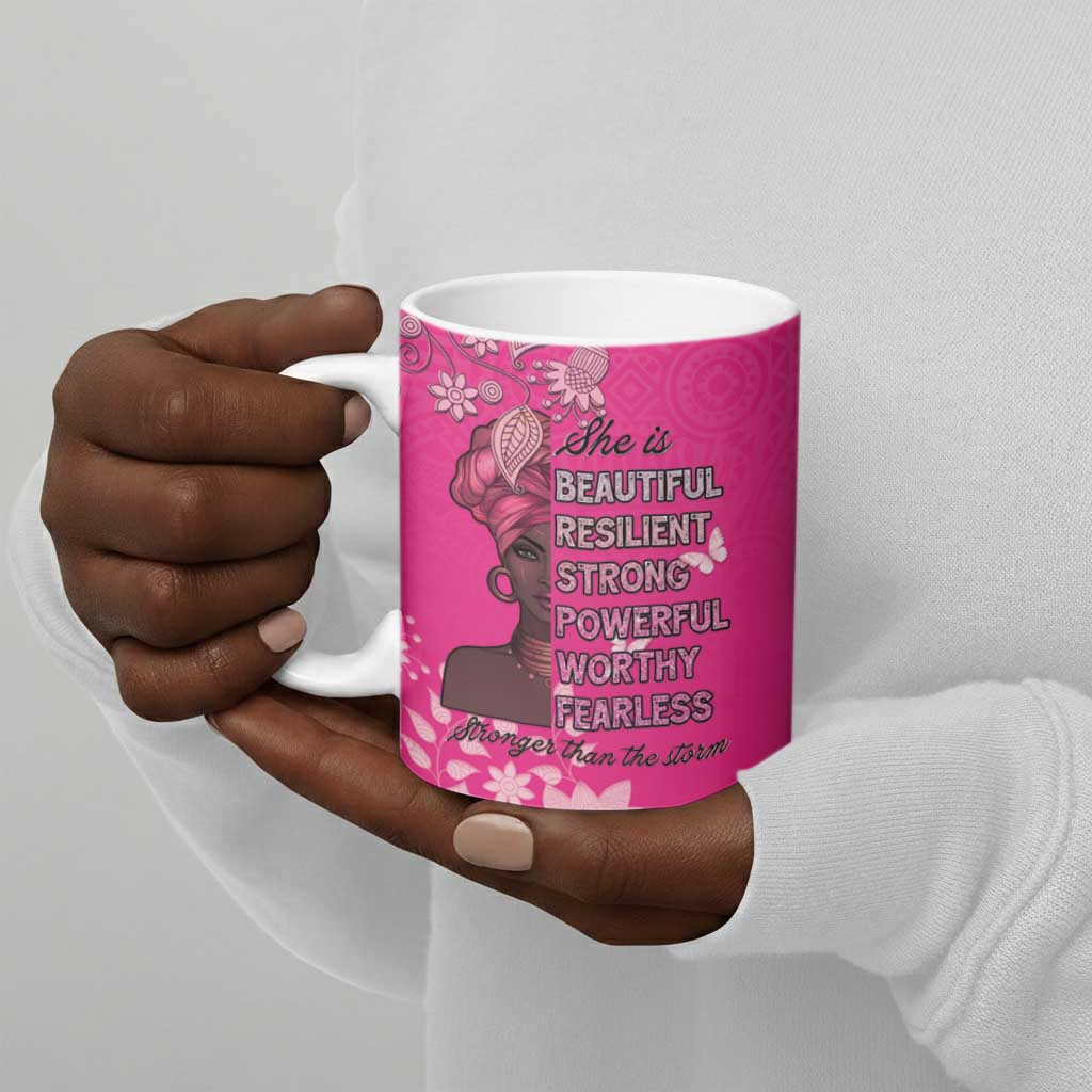 African Women Ceramic Mug Black Beautiful Brave and Bressed - Pink Color
