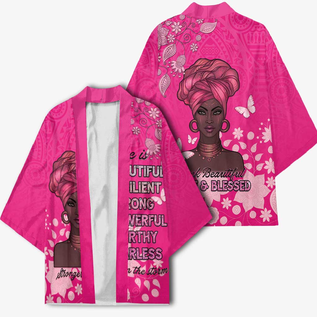 African Women Kimono Black Beautiful Brave and Bressed - Pink Color