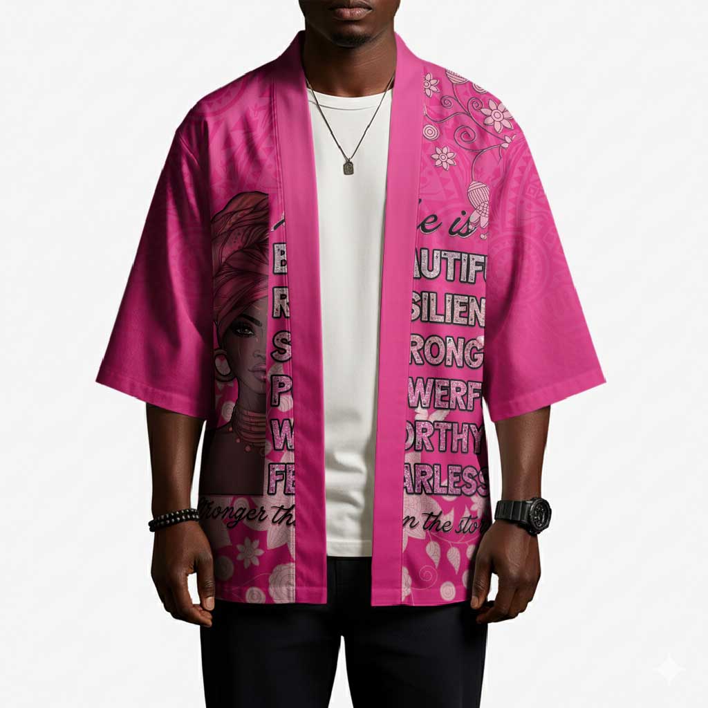 African Women Kimono Black Beautiful Brave and Bressed - Pink Color