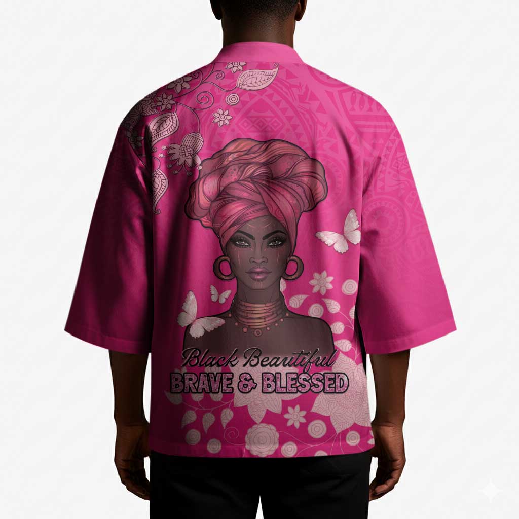 African Women Kimono Black Beautiful Brave and Bressed - Pink Color