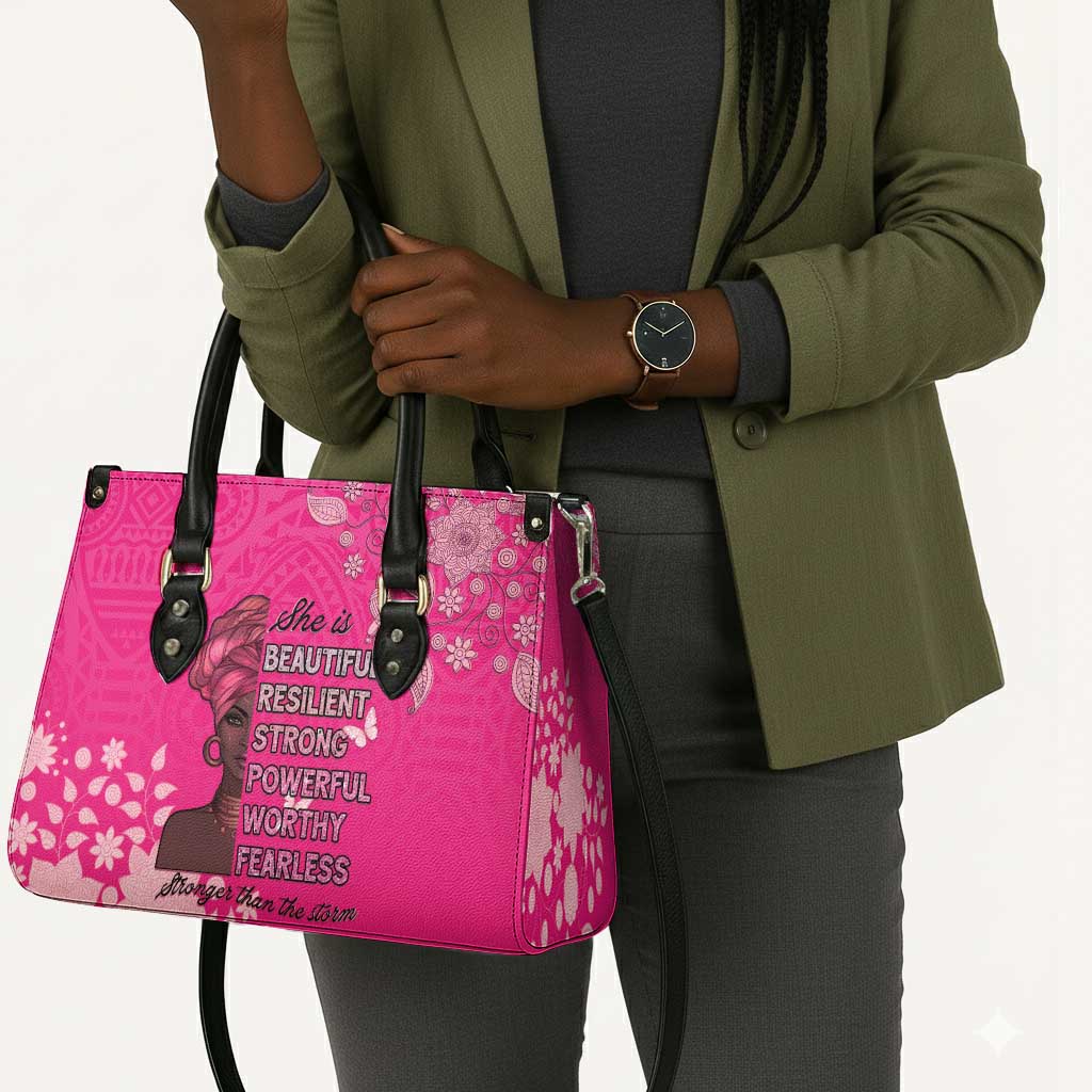 African Women Leather Bag Black Beautiful Brave and Bressed - Pink Color