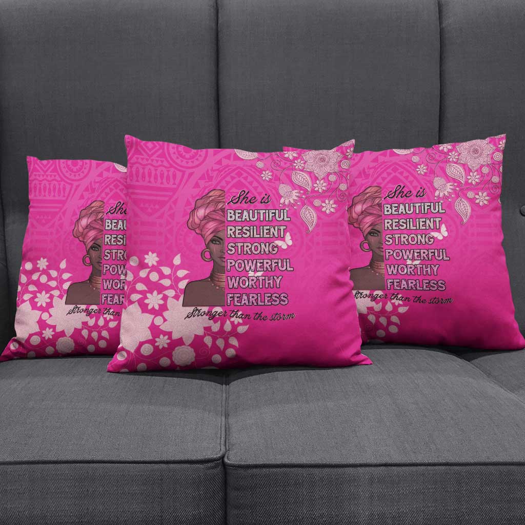 African Women Pillow Cover Black Beautiful Brave and Bressed - Pink Color