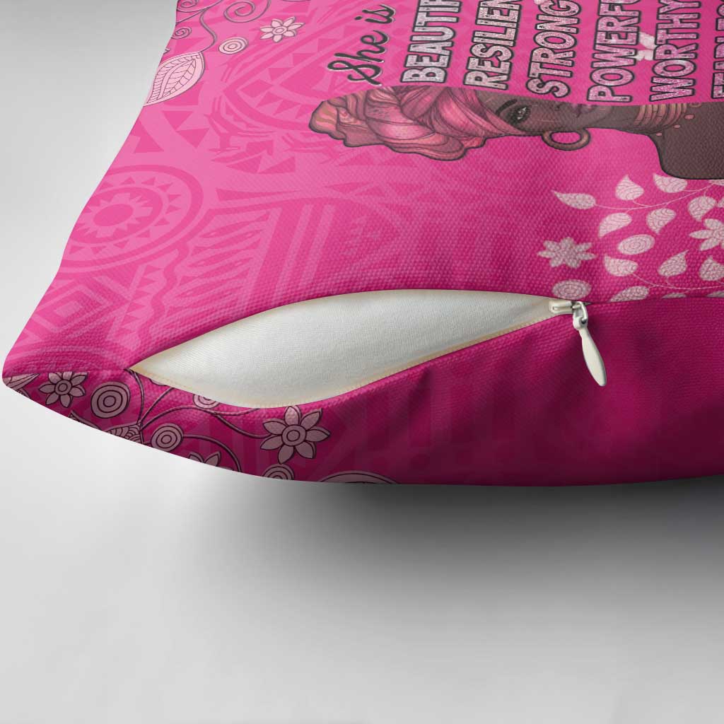 African Women Pillow Cover Black Beautiful Brave and Bressed - Pink Color