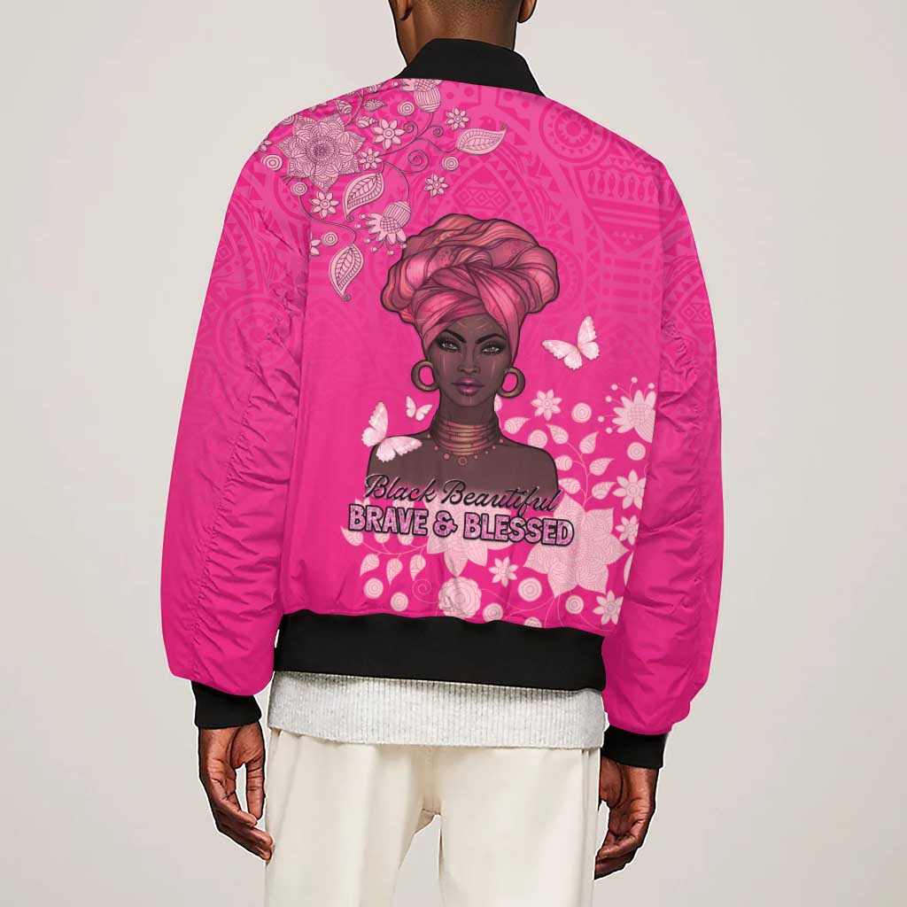 African Women Black Beautiful Brave and Bressed - Pink Color Sleeve Zip Bomber Jacket - African Pride