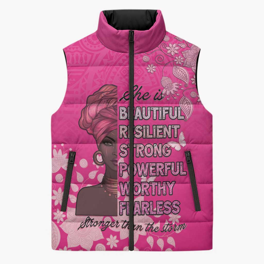 African Women Sleeveless Puffer Jacket Black Beautiful Brave and Bressed - Pink Color
