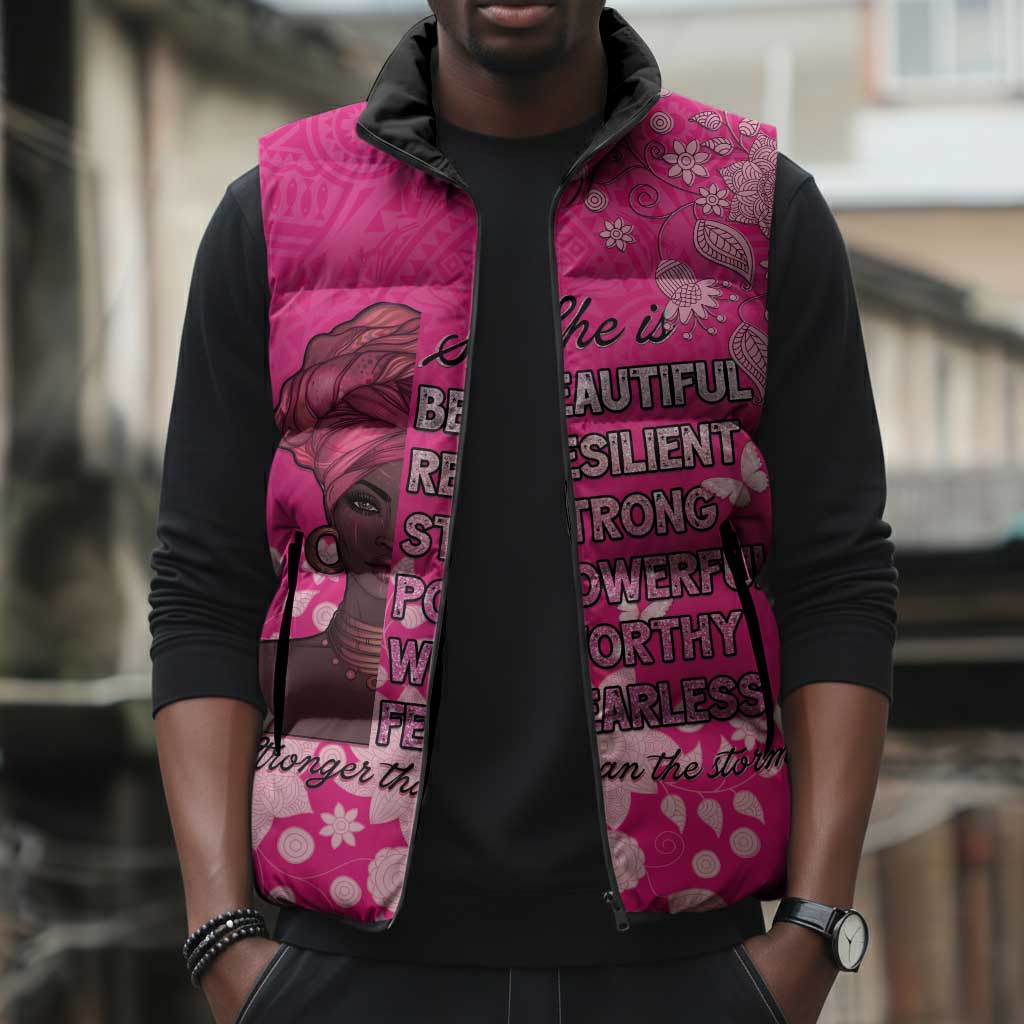 African Women Sleeveless Puffer Jacket Black Beautiful Brave and Bressed - Pink Color