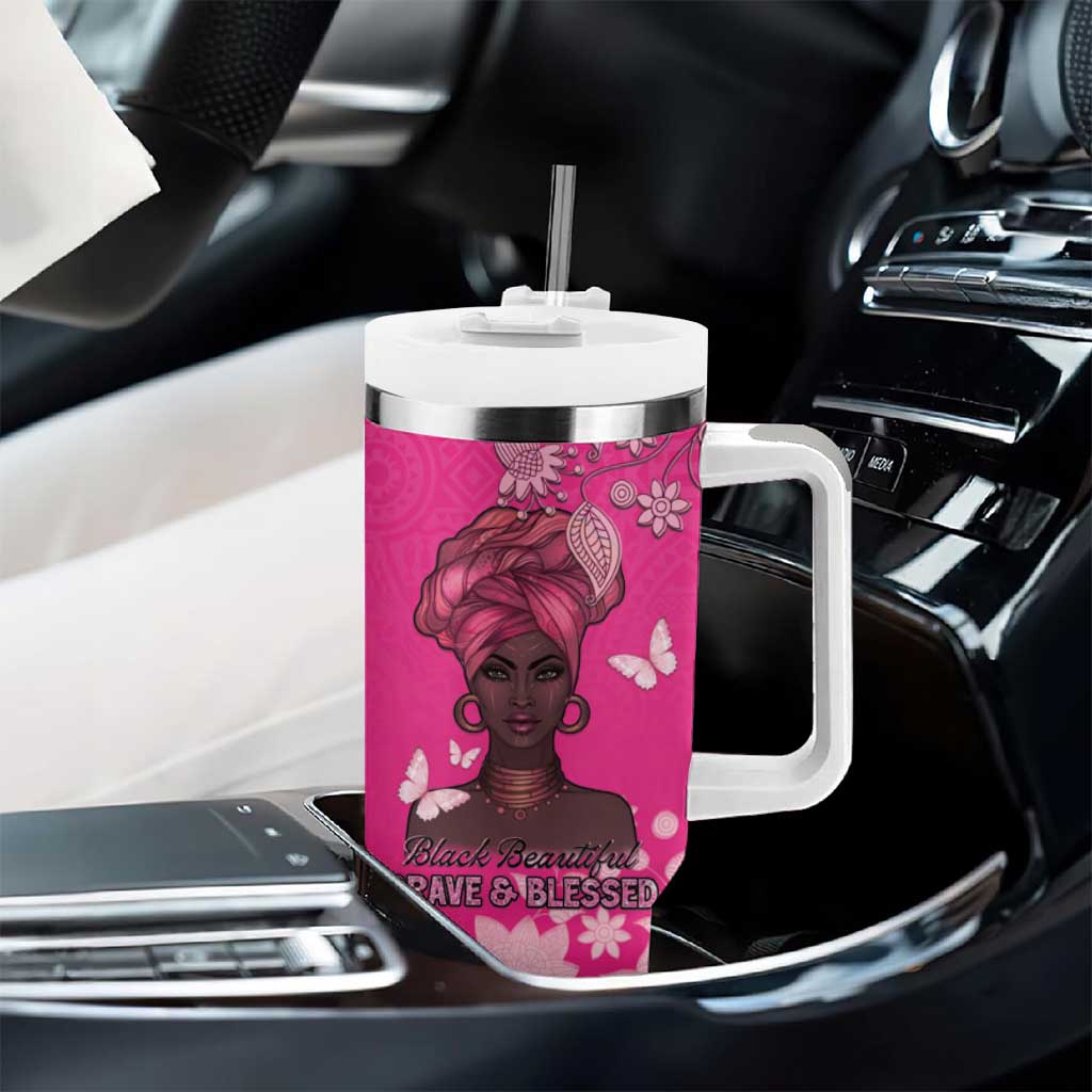 African Women Black Beautiful Brave and Bressed - Pink Color Tumbler With Handle - African Pride