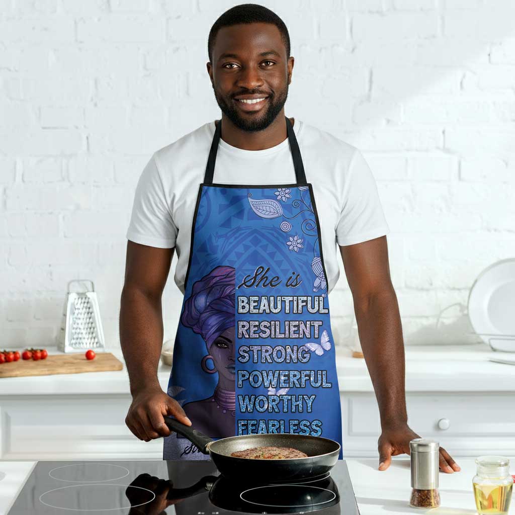 African Women Apron Black Beautiful Brave and Bressed - Blue Color