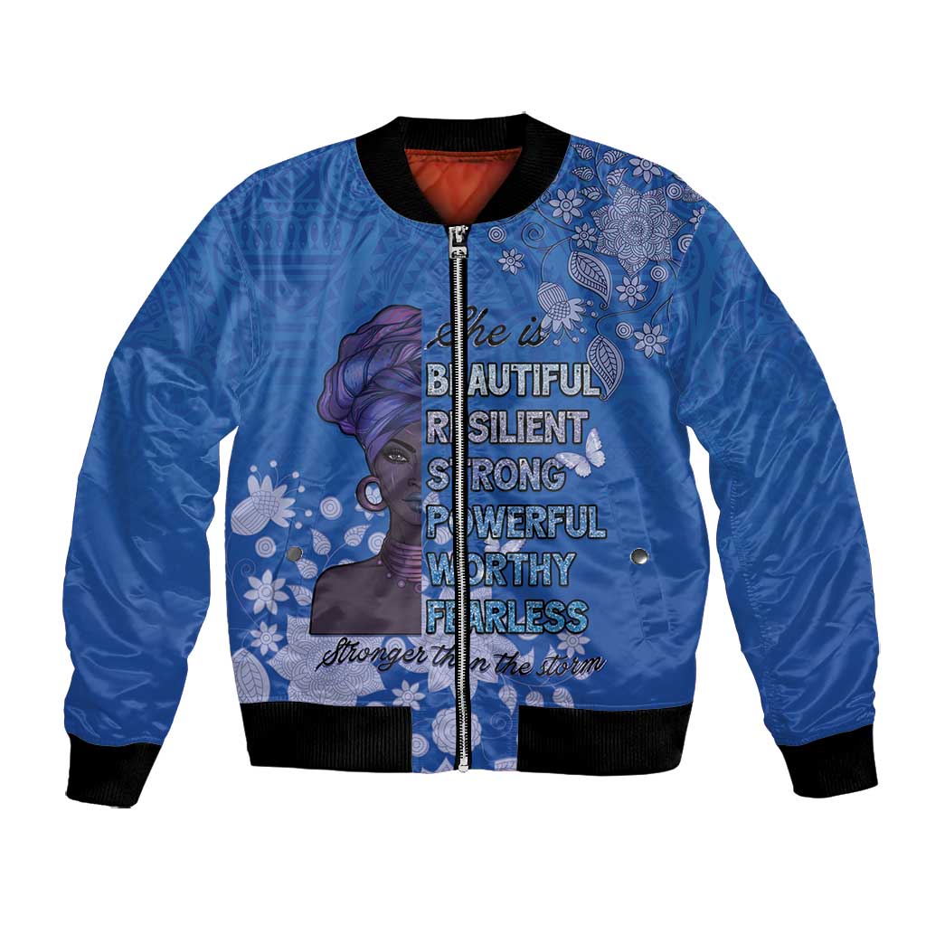 African Women Black Beautiful Brave and Bressed - Blue Color Bomber Jacket - African Pride