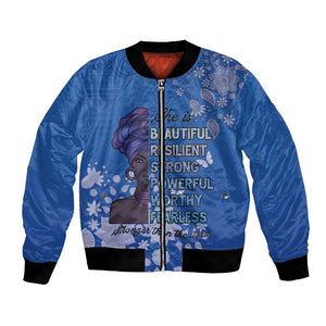 African Women Black Beautiful Brave and Bressed - Blue Color Bomber Jacket - African Pride