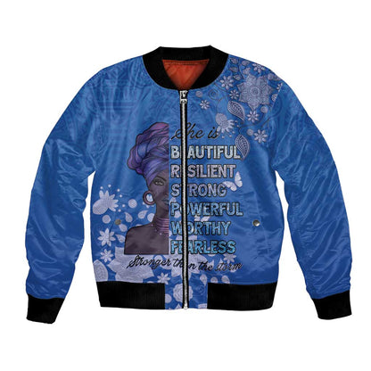 African Women Black Beautiful Brave and Bressed - Blue Color Bomber Jacket - African Pride