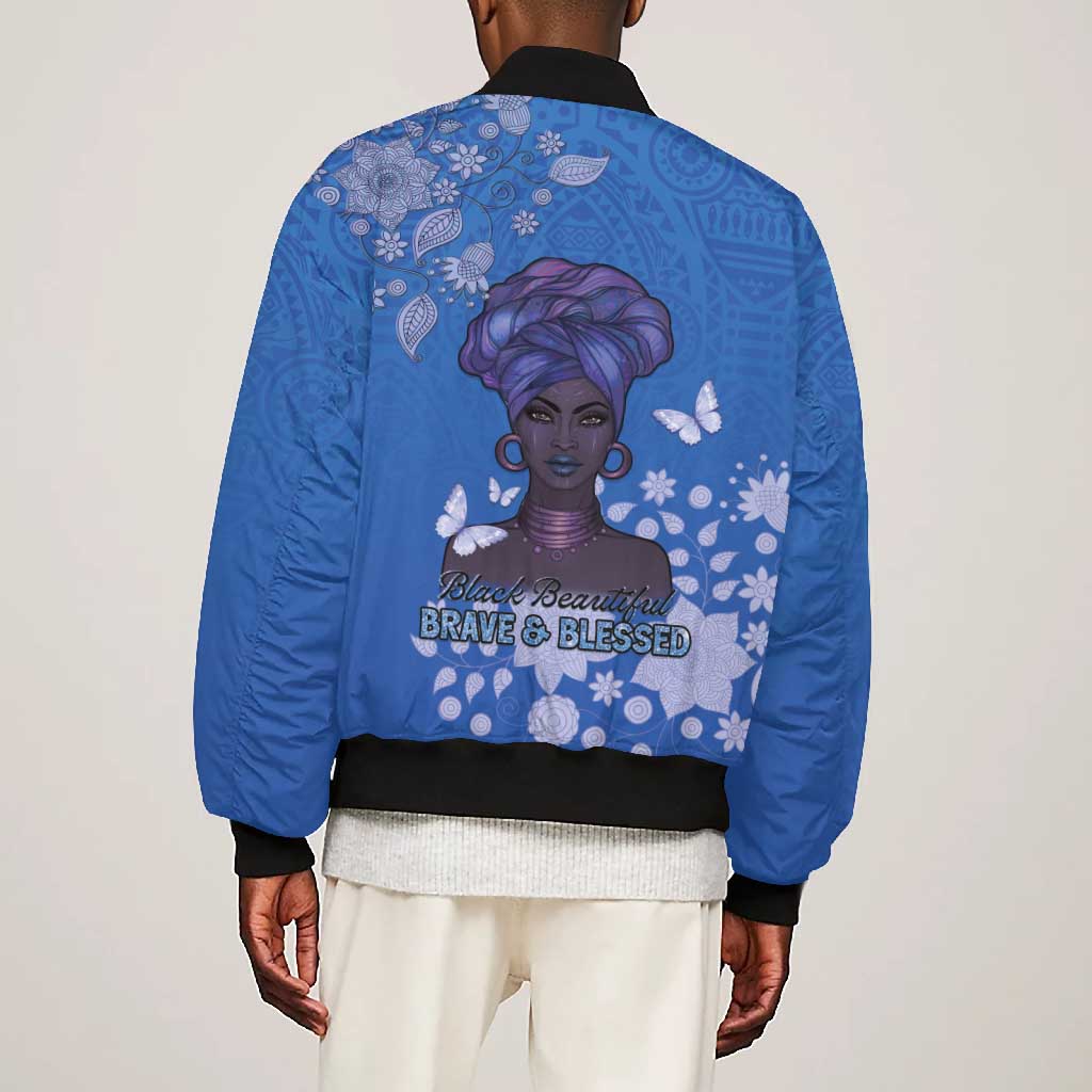 African Women Black Beautiful Brave and Bressed - Blue Color Bomber Jacket - African Pride