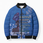 African Women Bomber Puffer Jacket Black Beautiful Brave and Bressed - Blue Color