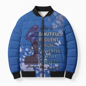 African Women Bomber Puffer Jacket Black Beautiful Brave and Bressed - Blue Color