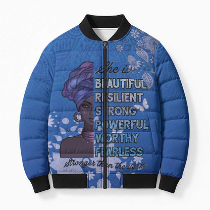 African Women Bomber Puffer Jacket Black Beautiful Brave and Bressed - Blue Color