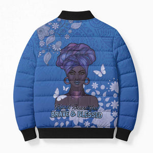African Women Bomber Puffer Jacket Black Beautiful Brave and Bressed - Blue Color