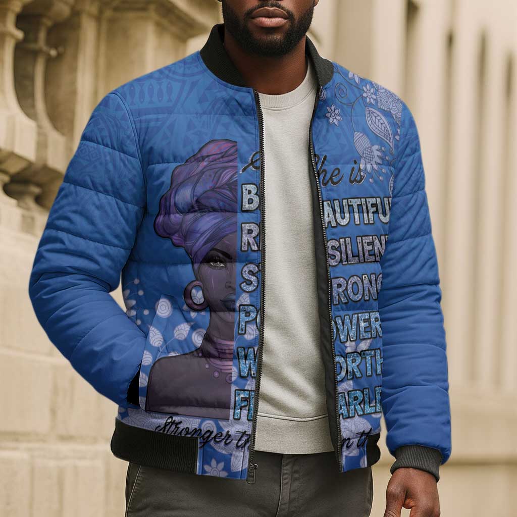 African Women Bomber Puffer Jacket Black Beautiful Brave and Bressed - Blue Color