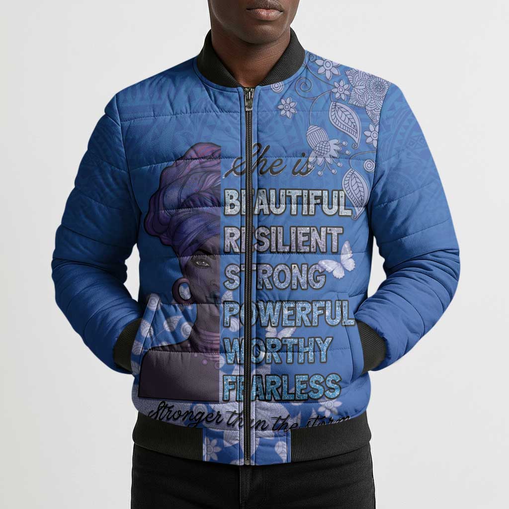 African Women Bomber Puffer Jacket Black Beautiful Brave and Bressed - Blue Color