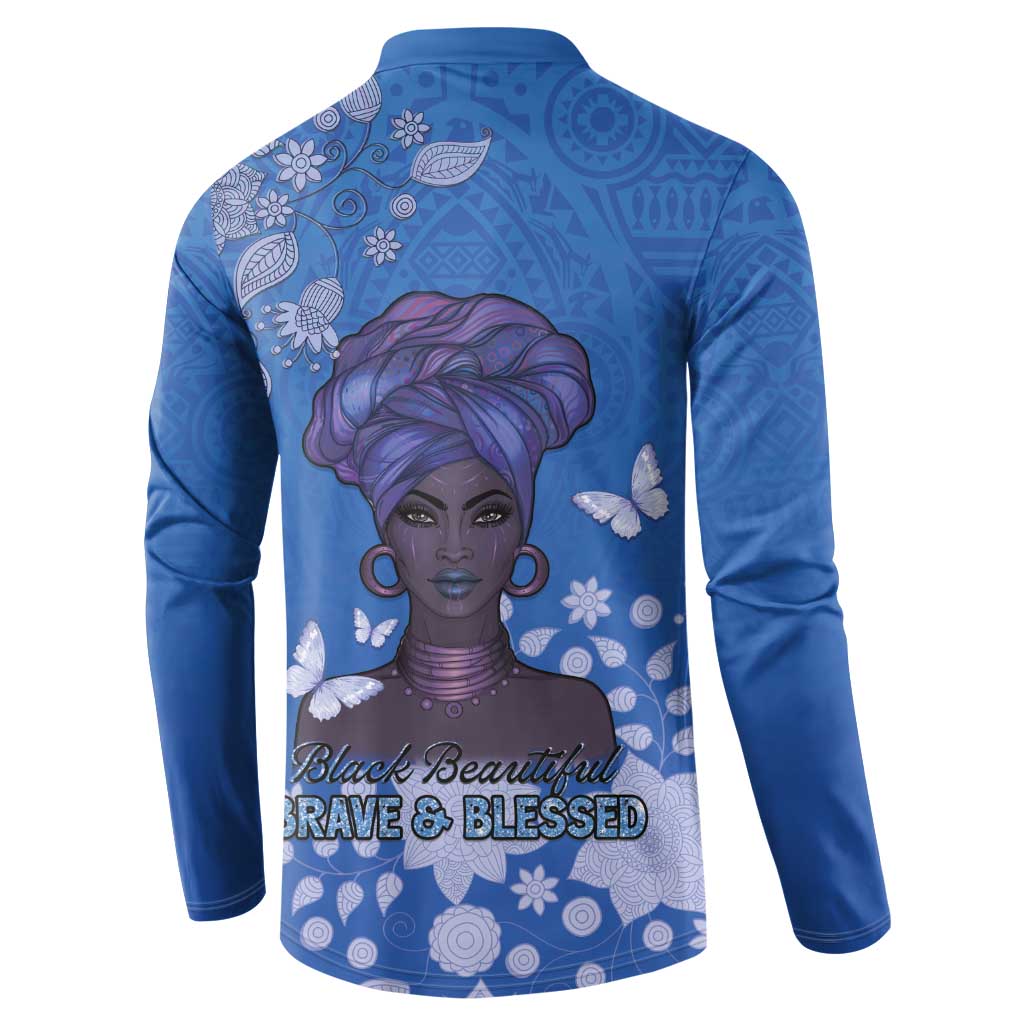 African Women Button Sweatshirt Black Beautiful Brave and Bressed - Blue Color