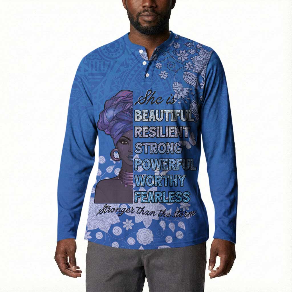 African Women Button Sweatshirt Black Beautiful Brave and Bressed - Blue Color